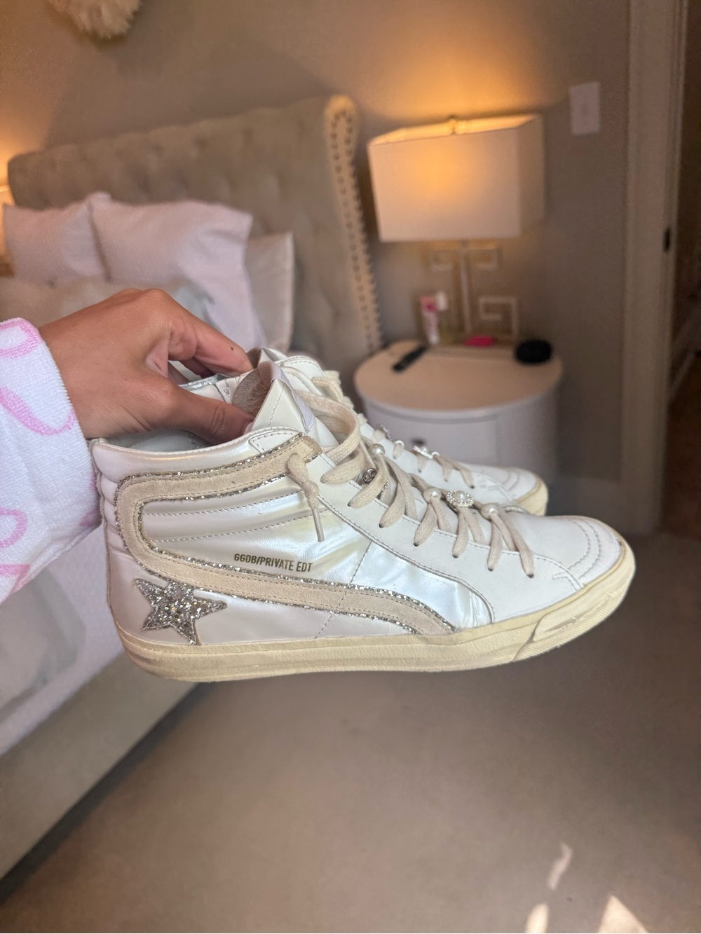 Golden Goose White and Gold High-Top Sneakers with Glitter Star